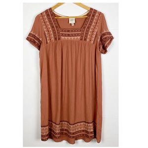 Knox Rose Embroidered Square Neck Short Sleeve Boho Dress Brown Size Medium